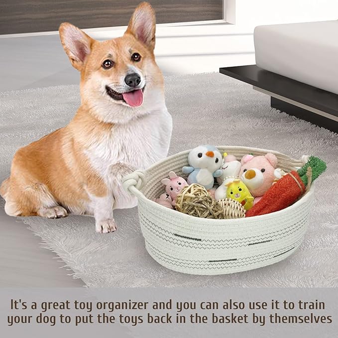 Fhiny Cotton Rope Dog Toy Basket with Handle Puppy Toys Storage Bin Small Woven Rectangle Diapers Pet Kitty Bed Perfect for Carry Pet Chew Toys Blankets Leashes Doggie Stuff - Beige M