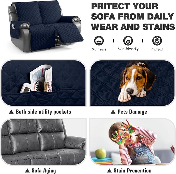 TAOCOCO 100% Waterproof Recliner Couch Covers, Recliner Sofa Covers with Leg Straps, 1-Piece Washable Reclining Sofa Cover with Pocket Couch Protector for Pets Kids(2 Seater, Dark Blue)