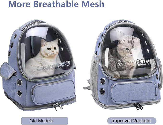 Cawypety Cat Backpack Carrier, Breathable Cat Carrier Large Space Bubble Pet Backpack for Kitty Small Dog up to 12lbs, Transparent & Foldable Pet Carrier for Travel Hiking (Blue