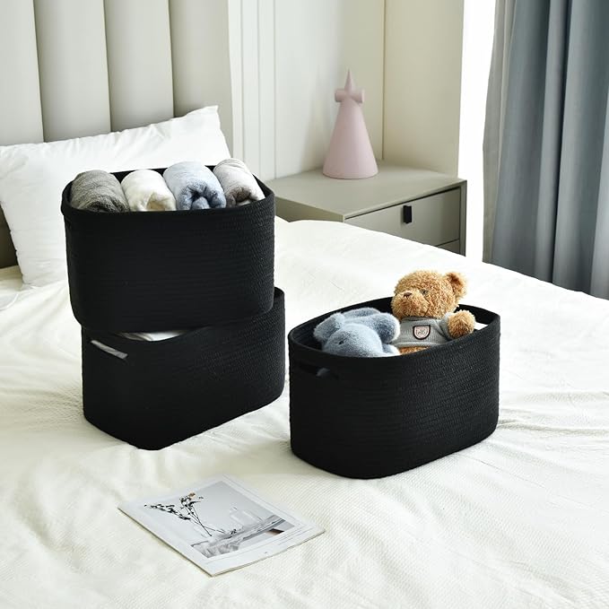Storage Basket, Woven and Cotton Rope Baskets for Organizing, Decorative Book, Towel, Toy Baskets or Storage Bins for Living Room - 3 Pack, Black
