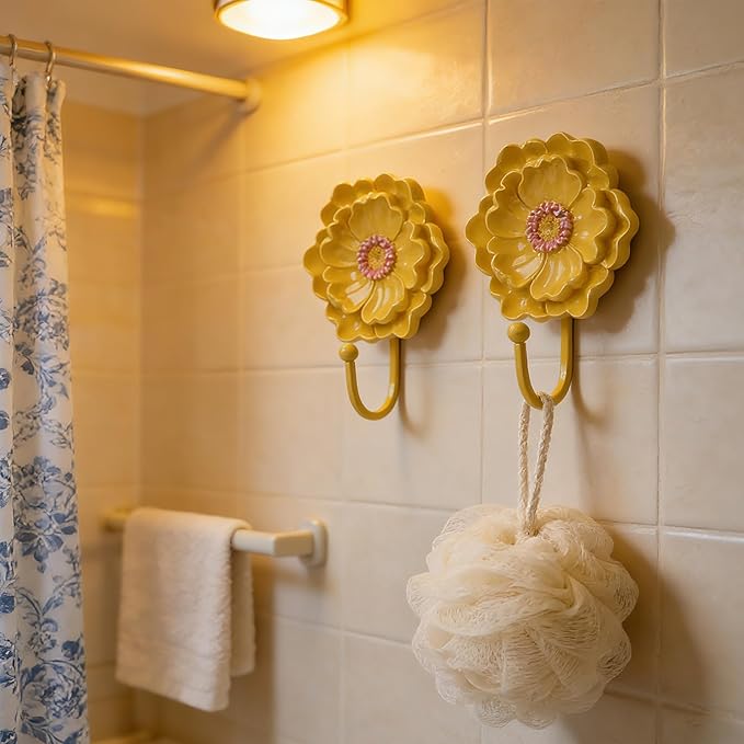 Guichifun Flower Shaped Decorative Wall Hooks - 2pcs Resin Yellow Vintage Decor Hanger for Keys, Bags, Towels Bathroom Living Room Kitchen Home Decoration Gift 4.3 x 2.2 x 6 Inch