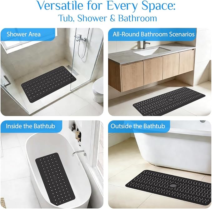 Non Slip Bathtub Mat & Shower Mat, 31x15'' Anti Slip Bath Mat for Tub, Soft TPE Anti-Skid Bathroom Mat with 194 Suction Cups & Drain Holes, Wave-Textured Grip, Machine Washable, Black