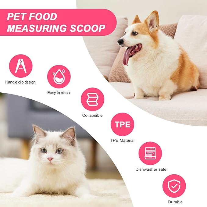 PNEUICALLY Collapsible Dog Food Scoop Foldable Pet Food Bag Clip 3 in 1 Multi-function Silicone Cat Food Measuring Cup Scoop Dog Food Scooper Pet Food Storage Clip (Rose Red, 1 Cup Capacity(1 Pack))
