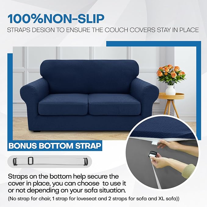 XINEAGE 2026 New 2 Pieces Chair Covers with Arms Super Stretch Chair Slipcover for Living Room Pet Dog Universal Slip Cover Anti Slip Armchair Furniture Protector (Navy Blue), 31"-46"(1 Cushion)