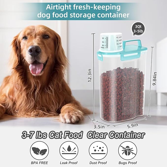LEAWALK 3-5Lbs Airtight Small Cat Dog Pet Food Storage Containers BPA Free, with Large Pour Spout/1 Measuring Cup/ 4 Safety Locks and Double-layer Silicone Strip (Clear Blue 2Pack)
