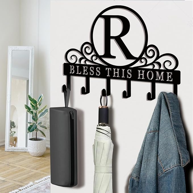 Metal Letter R Key Holder for Wall, Monogram Coat Rack Wall Mount, Key Hooks Perfect for Bathroom, Living Room, Kitchen, Office Ideal Wedding, Anniversary, Housewarming Gift (R)