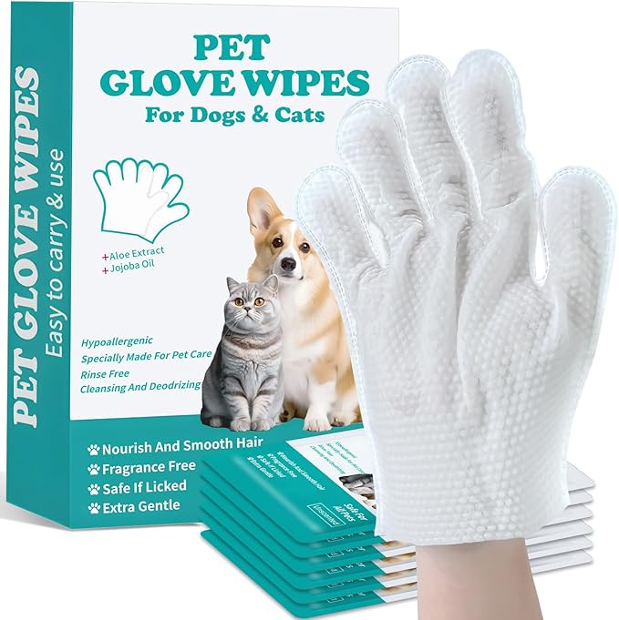 Pet Glove Wipes for Dogs and Cats - Dog Washing Gloves, Cat Bathing Wipes, Individually Wrapped, Moisture-Rich Thickened, Cleaning & Deodorizing, Hypoallergenic, Rinse Free for Grooming and Travel