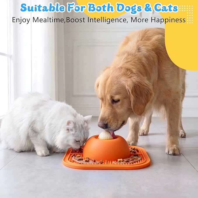 Slow Feeder Dog Bowls & Lick Mat for Liquid and Thick Treat, Anti-Slip Dog Lick Bowl with Interactive Rolling Ball, 5/6 Cup Pup Licking Toy for Large Medium Small Dogs and Cats Orange