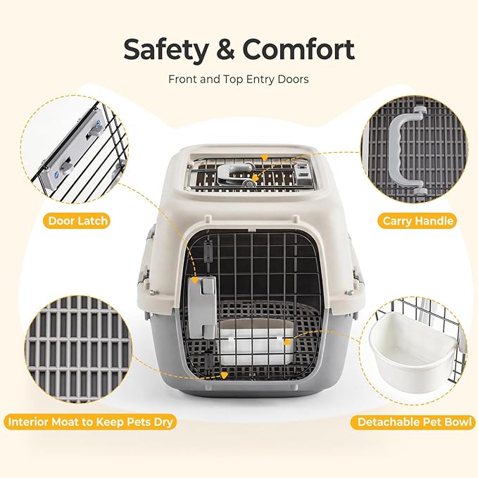 NEWBULIG 23" Hard-Sided Dog Carrier, Plastic Cat & Dog Crate, 4-Sided Ventilation Travel Pet Kennel, Top & Front Door Access, Integrated Food Bowl, for Small Pets up to 22 lbs (Beige & Grey)