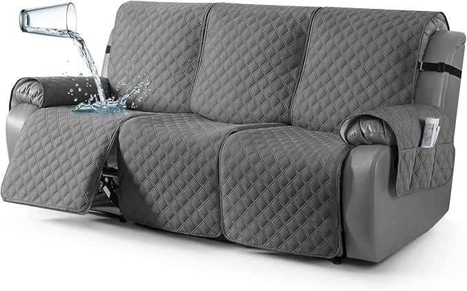 TAOCOCO 100% Waterproof Recliner Couch Covers, Recliner Sofa Covers with Leg Straps, 1-Piece Washable Reclining Sofa Cover with Pocket Couch Protector for Pets Kids(3 Seater, Grey)
