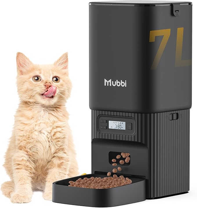 Automatic Cat Feeders, 7L/29 Cups Automatic Dog Feeder with Desiccant Bag, 1-6 Meals Ideal for 2-15mm Dry Food, Suitble for Multiple Pets, Dual Power Supply, Detachable Washable, Black