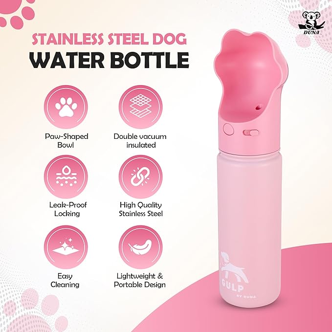 Gulp by Duna 18oz Dog Travel Water Bottle with Paw-Shaped Bowl – Insulated Stainless Steel, Leakproof & Portable with Carry Strap – Outdoor Walking, Hiking & Pet Hydration On-The-Go – Pink