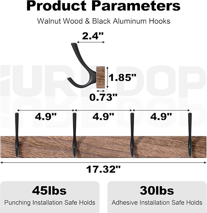 IURRDOP 17 Inch Walnut Wood Wall Mounted Coat Rack with 4 Black Double Hooks, Adhesive Mounted Entryway Hooks, Modern Natural Wooden Pegs for Hanging Coat Clothes Hat Bag Purse Key and Towel