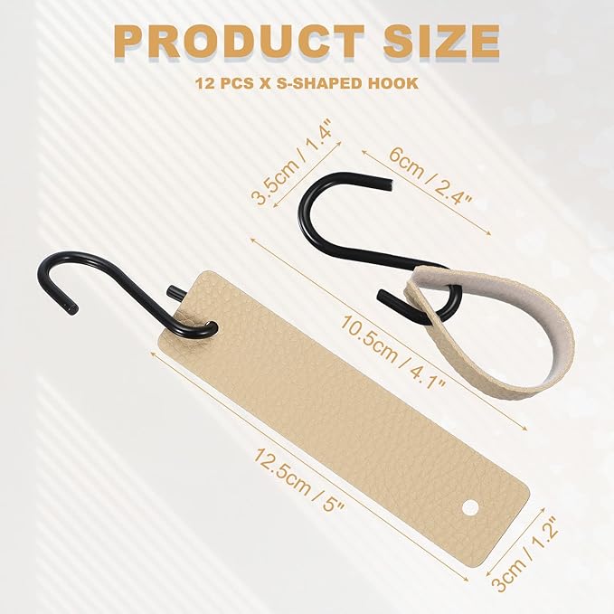 uxcell 12 Pcs PU Leather S Hooks, Multifunctional S Shaped Hooks for Hanging Coat Towel Camping Kitchen Bathroom Handle, Beige
