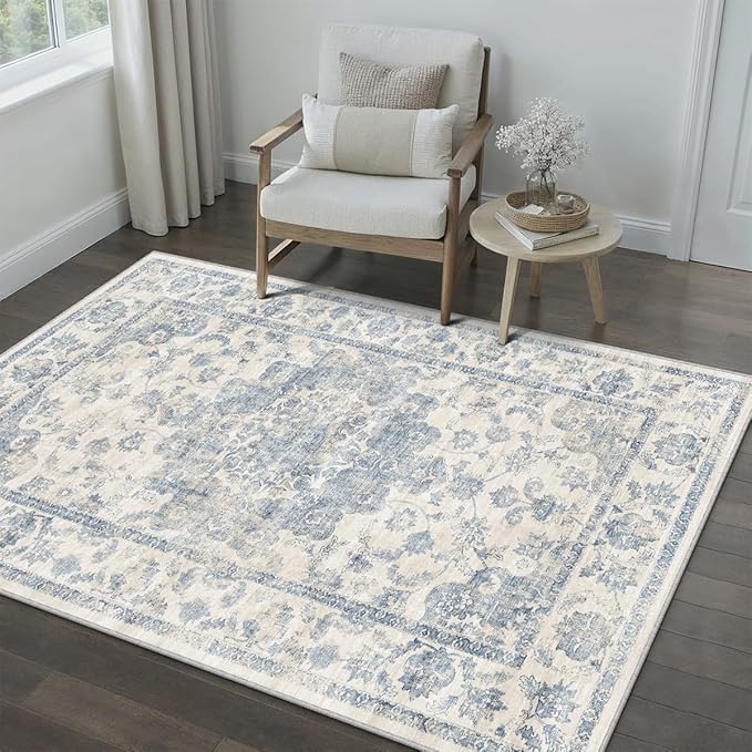 3x5 Washable Neutral Area Rug Blue Vintage Entryway Office Carpet Non-Slip Soft Low Pile Farmhouse Throw Rug for Entrance Living Room Bathroom Dining Room
