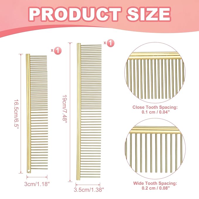 PETAXCELL Dog Cat Comb, Pet Combs Stainless Steel Teeth with Rounded Ends for Knots Mats Loose Hair Removal, 6.5/7.5IN (Gold Plated, 2 Pack), Grooming Tool Intended for Long Curly Hair Pet