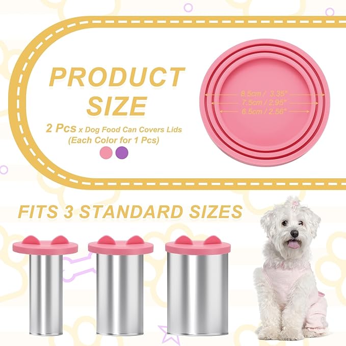 Cat Food Can Covers Lids, Dog Food Can Lids with Cute Pet Ears Shaped Silicone Toppers One Fit 3 Standard Sizes, (Lavender/Pink, 2Pcs), Intended for Dog/Cat/Pet Food Cans