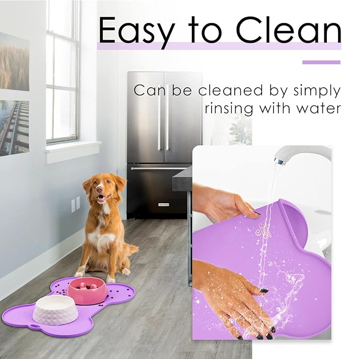 Super Design Dog Food Mat Dog Bowl Mat for Food and Water Silicone Non Spill Cat Feeding Mat Puppy Placemat Waterproof - 20.5" x 14.5", Purple