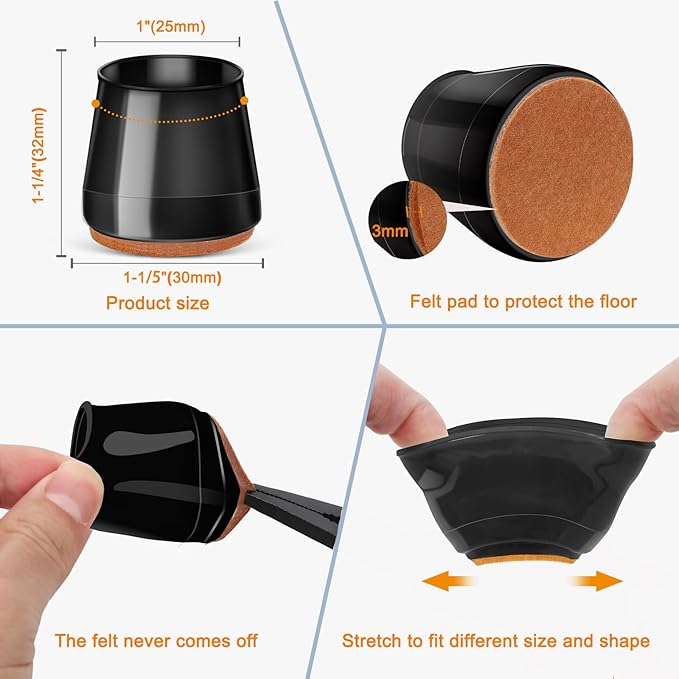 24Pcs Black Silicone Chair Leg Floor Protectors,Floor Protectors for Chairs,Rubber Chair Leg Protectors for Hardwood Floors,Chair Leg Caps Chair Leg Covers for Wooden Floors(Black, Small)