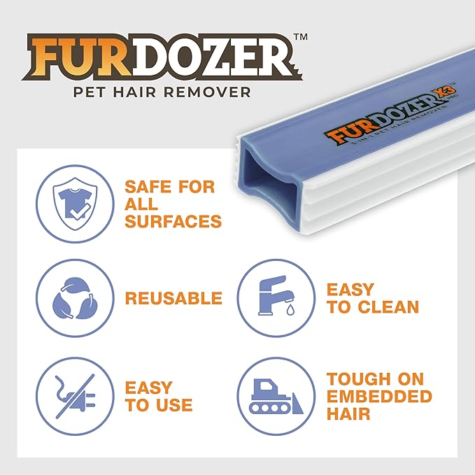FurDozer Pet Hair Remover & Auto Detailing Tools - Cat & Dog Hair Remover for Carpets, Car Interiors, Couches, Bedding, & Pet Furniture (Purple, X3 MEGA - 10" Long)
