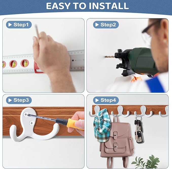 15Pack Coat Hooks Wall Hooks for Hanging, Heavy Duty Double Prong Metal Hook Wall Mounted for Living Room, Bathroom, Kitchen, Bedroom for Coat, Bag, Scarf, Towel, Hat, Key, Cup (White)