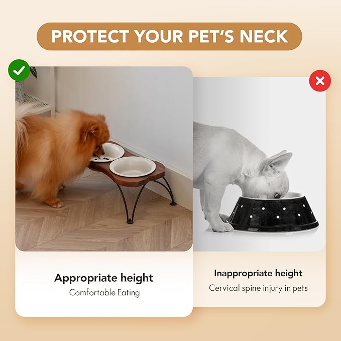Ceramic 5.5-inch Raised Double-Bowl Set with Non-Slip Stand, 1 Cup Food or 9.5oz Water Dishes for Puppies and Cats, Wide Opening with Rounded Edges(Matt White)