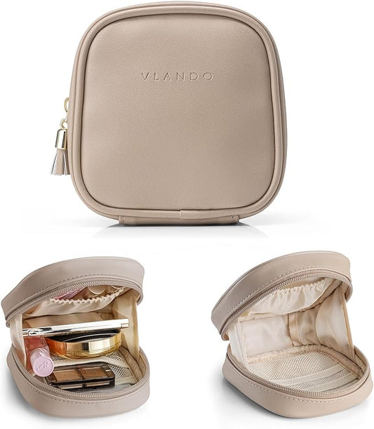 Vlando Mini Makeup Bag, Small Makeup Bag for Purse with Slip-in Pockets, Portable Travel Toiletry Bag with Zipper, Waterproof Make up Organizer Case for Women - Toffee