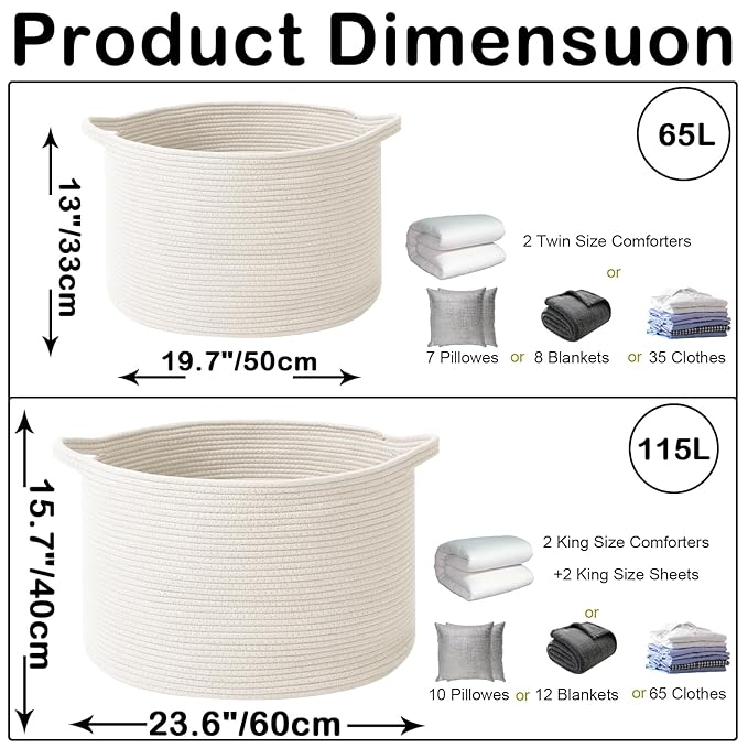 65L Large Woven Cotton Rope Blanket Basket with Handles, Laundry Hamper Storage Bin for Pillows, Comforters,Clothes, Toys, Nursery, Bedroom and Living Room Organization,White