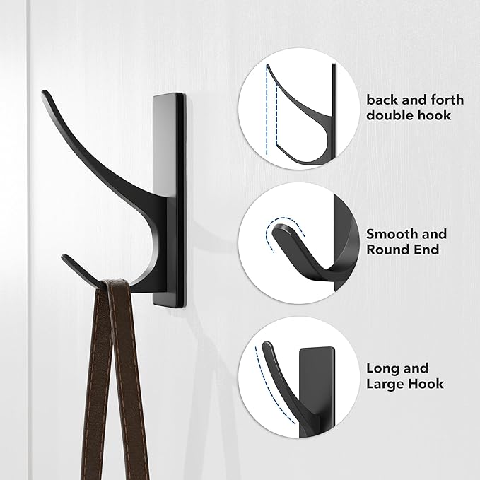 pickpiff Self Adhesive Coat Hooks for Hanging: Heavy Duty Stainless Wall Hook for Towel, Utensil, Backpack, Hat, Sturdy Metal Hanger for Bathroom, Kitchen, Door, 6-Pack, Matt Black