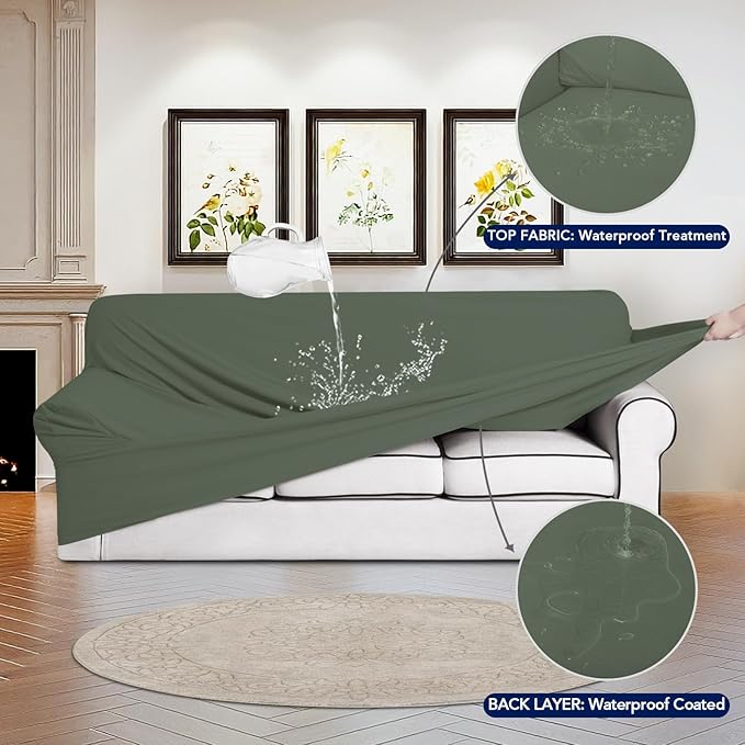 PureFit 100% Dual Waterproof Couch Cover Slipcovers for Couches and Sofas - Stretch Non Slip Fleece Sofa Covers Washable, Leakproof Furniture Protector for Kids, Pets, Dog (Loveseat, Greyish Green)