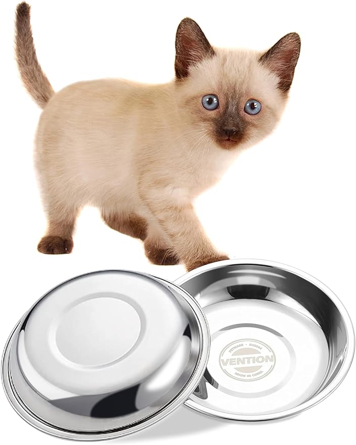 VENTION Small Shallow Cat Food Bowls, Outer Dia. 4.9 in Whisker Fatigue Cat Bowl, Stainless Steel Cat Food Dish for Indoor Cats, Set of 2 Replacement Cat Bowls for Raised Station(7.4 Fl.oz)