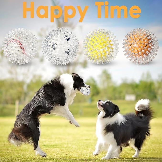 4 Pack Squeaky Dog Toy Balls - 3.54" Durable Spikey Balls for Aggressive Chewers, Tough Natural Rubber Interactive Fetch Toys for Medium & Large Dogs, Dental Care Teething Balls