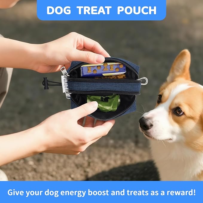 Poop Bag Holder for Leashes, Dog Treat Pouch Carrier with 2 Zipper Pockets and Clip for Puppy Training, Dog Waste Bag Dispenser with 1 Roll Poop Bags for Walking Accessories (Navy Blue)