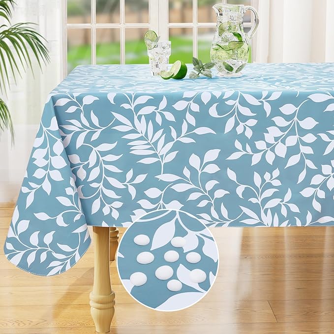 misaya Rectangle Waterproof Vinyl Table Cloth, Wipeable Tablecloth with Flannel Backing, Plastic Table Cover for Dinner, Picnic, Indoor and Outdoor (Blue Leaves, 60" x 84")