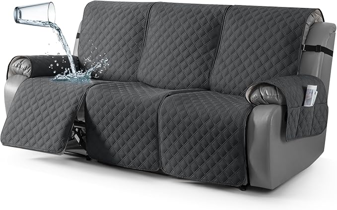 TAOCOCO 100% Waterproof Recliner Couch Covers, Recliner Sofa Covers with Leg Straps, 1-Piece Washable Reclining Sofa Cover with Pocket Couch Protector for Pets Kids(3 Seater, Charcoal Gray)