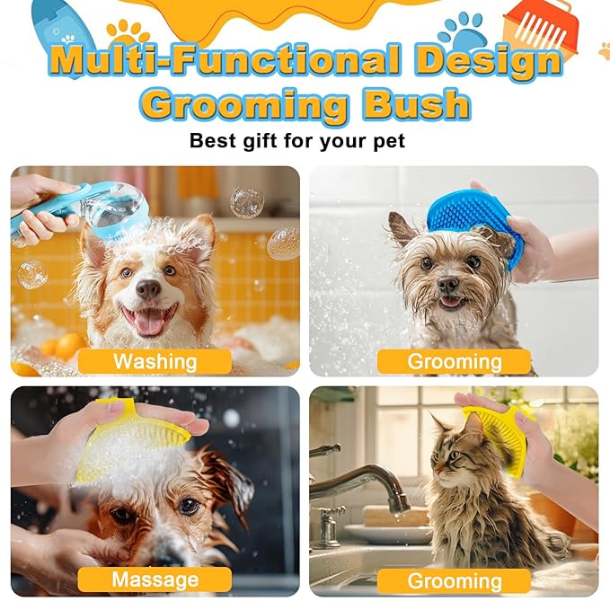 3Pcs Dog Bath Brush, Dog Scrubber for Bath, Dog Shampoo Brush Bubble Maker, Dog Paw Washer, dog grooming Massage Brush with Adjustable Ring Handle, dog accessories for Short & Long Hair -Blue