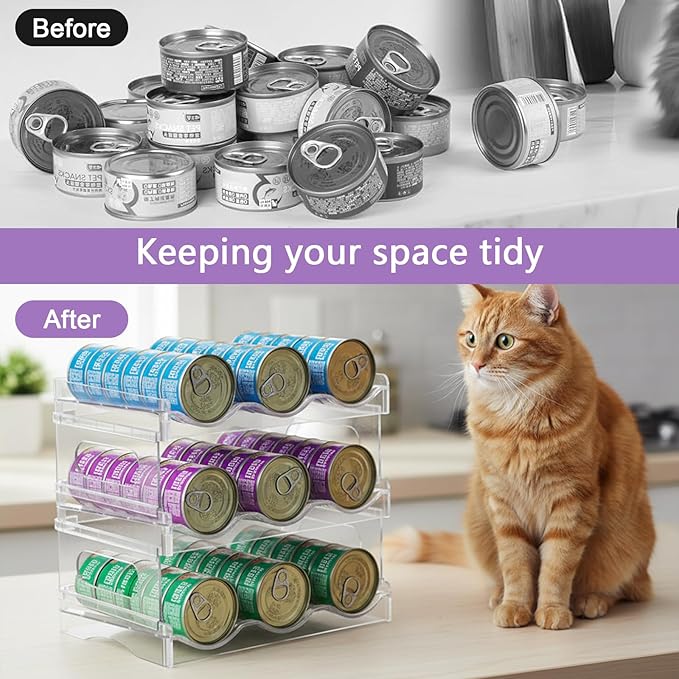Mowhut Cat Food Can Organizer, Can Organizer for Pantry, 3-Tier Cat Food Storage Container, Acrylic, Holds 45 (3oz) Cans, Kitchen Organizers and Storage for Countertop, Clear