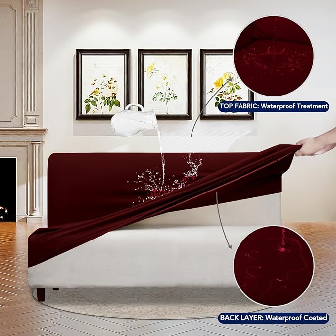 PureFit 100% Dual Waterproof Futon Cover, Couch Cover - Stretch Non Slip Fleece Sofa Covers Washable, Leakproof Furniture Protector for Kids, Pets, Dog (Futon, Wine)