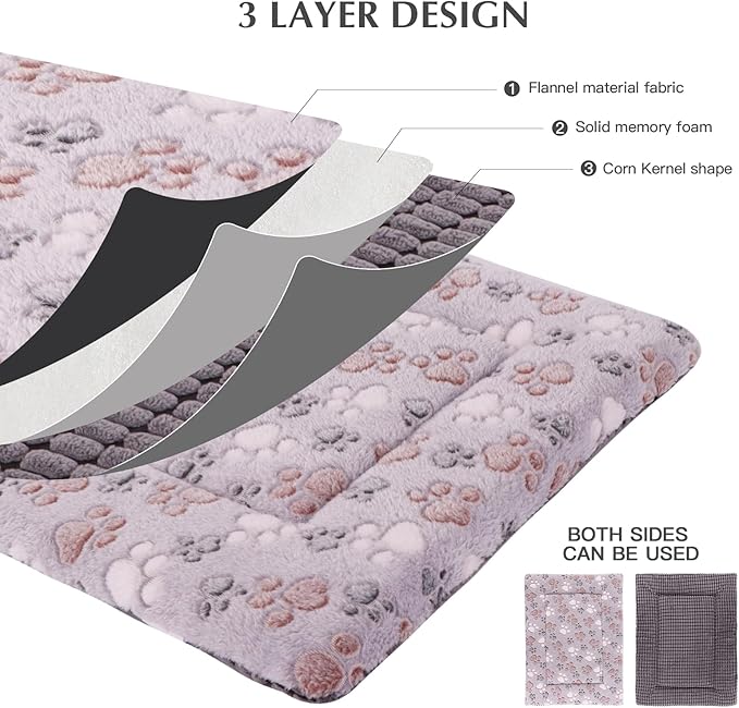 BVAGSS Reversible Dog Crate Pad, Memory Foam Pet Bed Mat, Soft Warm Machine Washable Sleeping Kennel Mattress for Small Medium Dogs XH079 (30''x20''x1.6'',Grey Paw)