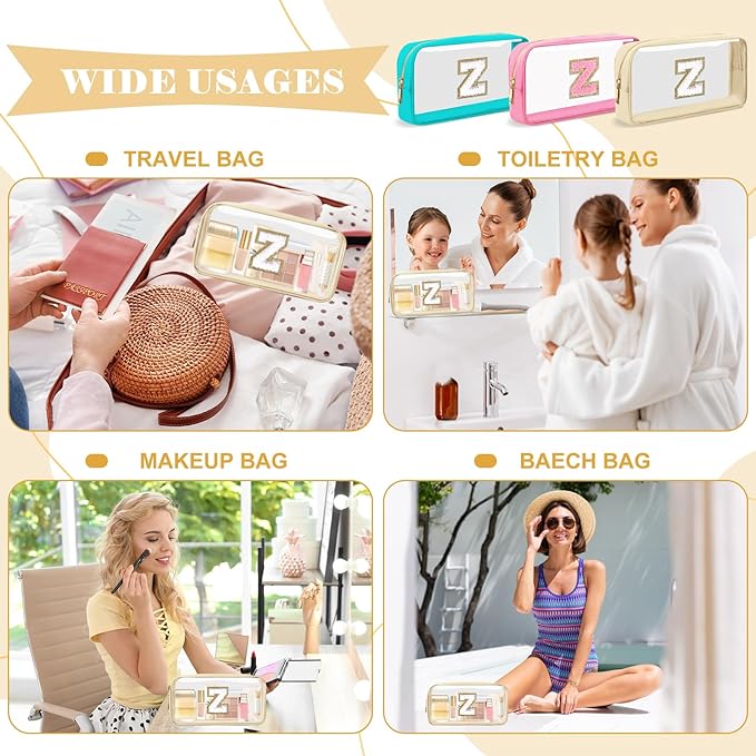 Personalized Initial Letter Clear Makeup Bag,Preppy Small Nylon&PVC Cosmetic Zipper Bag with Chenille Letter,Portable Beach Travel Skincare Toiletry Bag,Trendy Monogram Gift for Teen Girls Women,Z