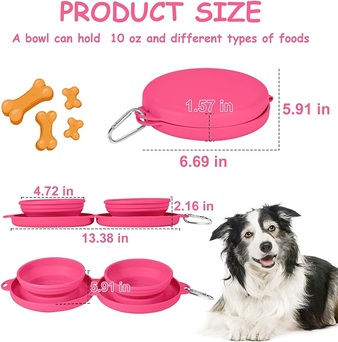 PNEUICALLY Collapsible Dog Water Bowl 2 in 1 Foldable Pet Food and Water Bowl Portable Cats Dishes with Carabiner Clip for Traveling Hiking Camping Walking (Pink)