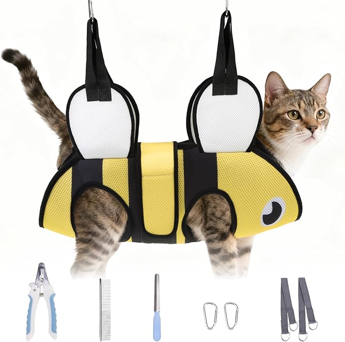 Dog Grooming Hammock for Small Dogs Cats, Cute Bee Design Dog Hanging Harness for Nail Trimming/Clipping, Pet Sling with Grooming Kit and Thick Neck Support & Strap Restraint Claw Care, XS