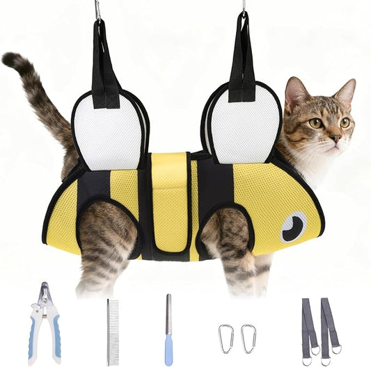 Dog Grooming Hammock for Small Dogs Cats, Cute Bee Design Dog Hanging Harness for Nail Trimming/Clipping, Pet Sling with Grooming Kit and Thick Neck Support & Strap Restraint Claw Care, XS