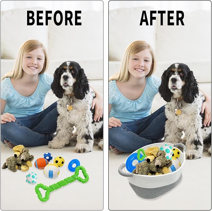 Fhiny Cotton Rope Dog Toy Basket with Handle Puppy Toys Storage Bin Small Woven Rectangle Diapers Pet Kitty Bed Perfect for Carry Pet Chew Toys Blankets Leashes Doggie Stuff - White and Grey (L)