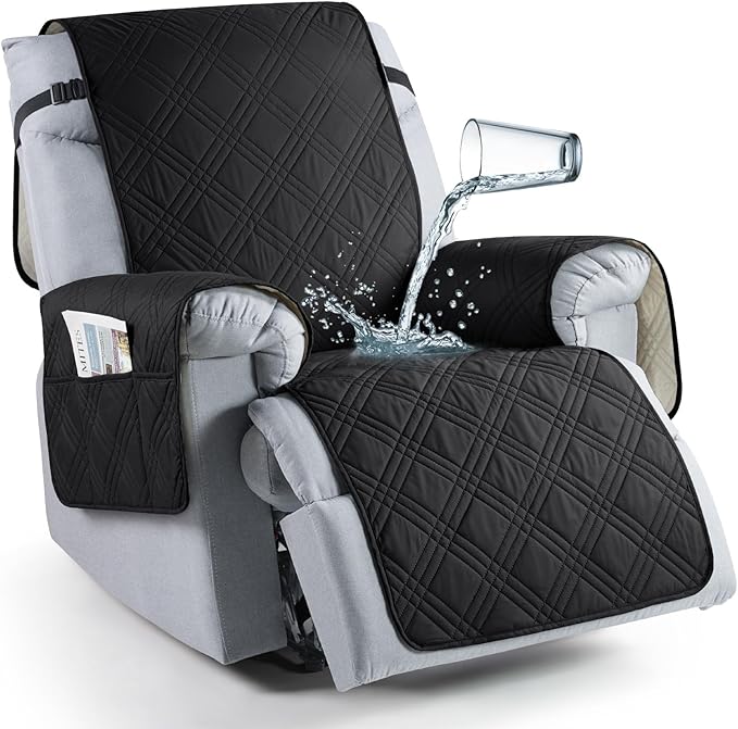 TAOCOCO 100% Waterproof Recliner Chair Cover, Oversized Recliner Covers for Large Recliner Chair with Double Straps, Non Slip Reclining Chair Cover for Kids, Pets(28'', Black)
