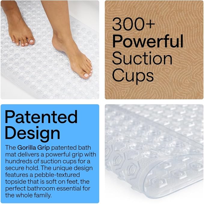 GORILLA GRIP Patented Bath Tub Shower Mat, Machine Washable Bathtub Floor Liner Mats, Suction Cups and Drain Holes to Keep Tubs Clean, Soft on Feet, Bathroom Essentials, 35x16 Inch, Clear