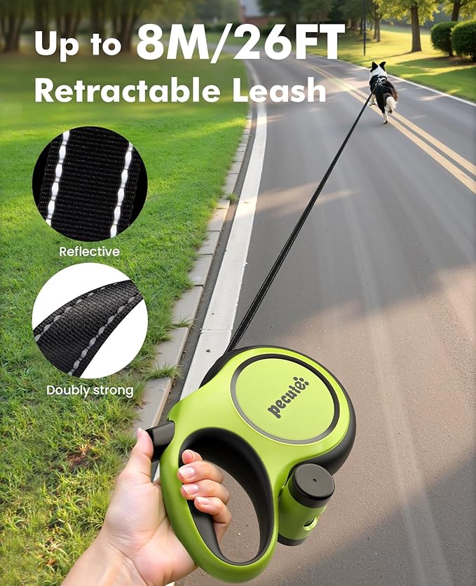 Pecute Retractable Dog Leash for Large Dogs, 26ft Heavy Duty Retractable Dog Leash with Poop Bag Holder, Anti-Slip Soft Grip, Reflective Leashes for Medium Large Pets for 33lbs-110lbs(Green)