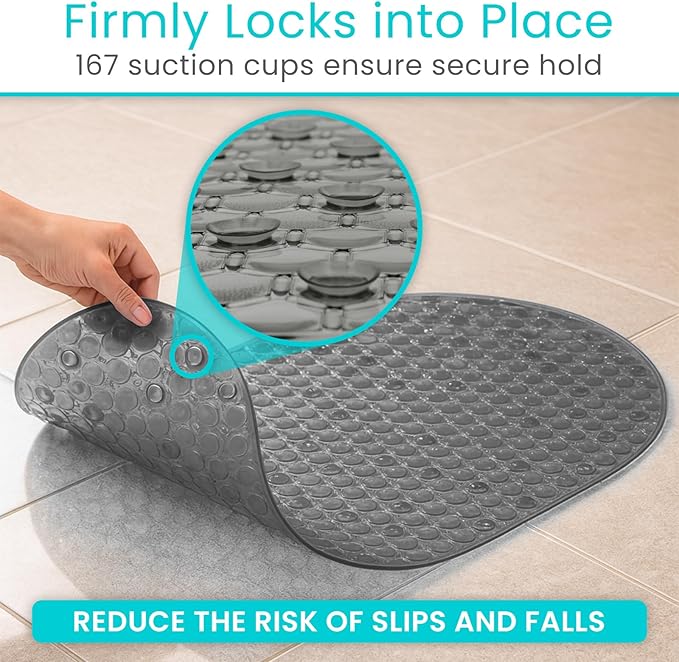 Vive Oval Bathtub Mat - Nonslip Shower Floor Pad - Non-Slip and Non-Skid for Bath Tub with Strong Rubber Suction Cup Grip - for Baby, Elderly, Kids, Bathroom (Gray)