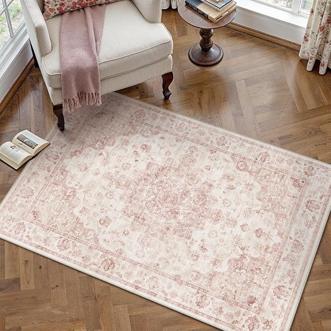 3x5 Washable Neutral Area Rug Pink Vintage Entryway Office Carpet Non-Slip Soft Low Pile Farmhouse Throw Rug for Entrance Living Room Bathroom Dining Room