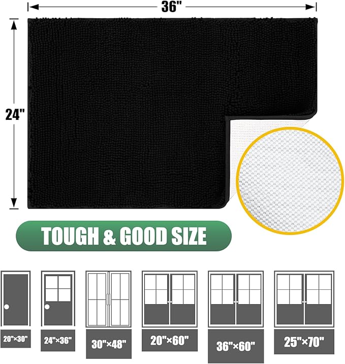 IM HOME Chenille Absorbent Outdoor Doormat 60" x 36", Washable Muddy Door Mats for Dog Non Slip Indoor Doormat Dog Mat for Muddy Paw Front Inside Doormats for Entryway Black